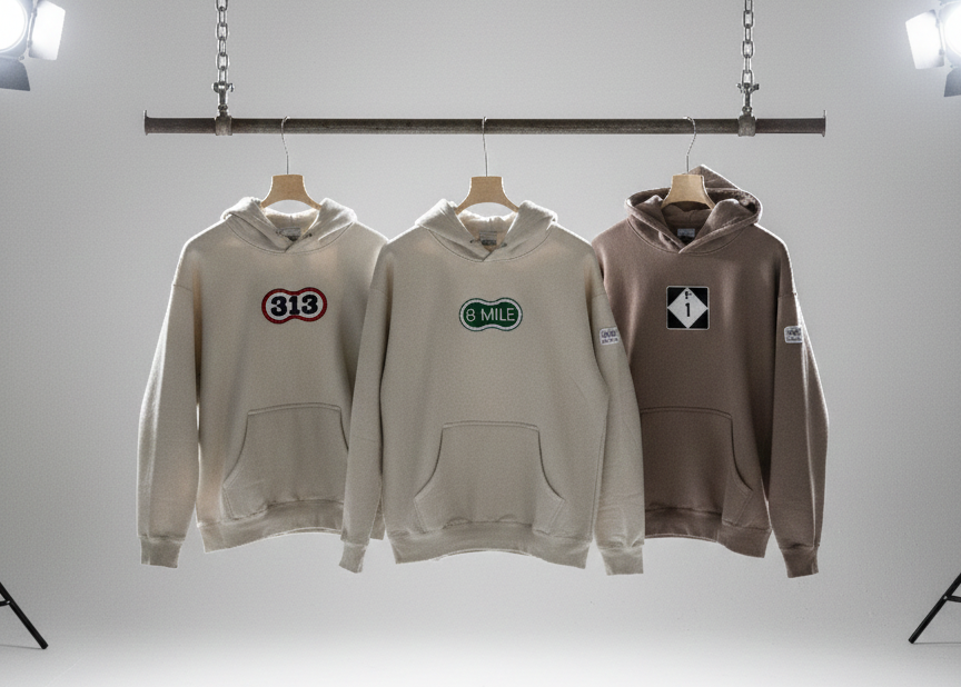 Three hoodies hanging on a rack against a white background